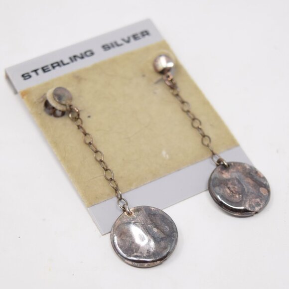 Sterling Silver Drop Earrings Pierced Round Boho Neutral Oval Dangle VTG Mom - Picture 7 of 13